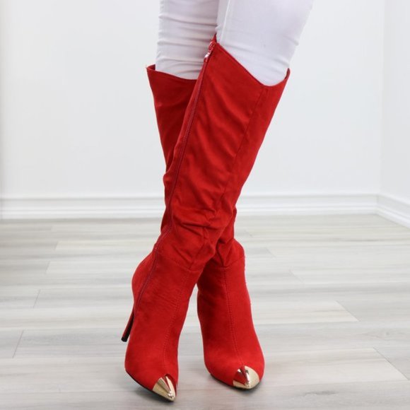 Fancy Pointy Toe Below The Knee Red Boots Suede - Picture 3 of 14